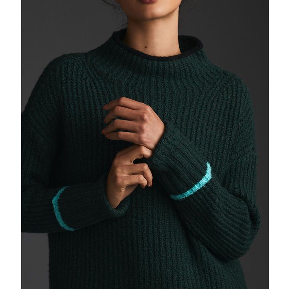 Anthropologie The Maeve Mock-Neck Color-Tipped Sweater Dark Green XXS - Picture 3 of 9